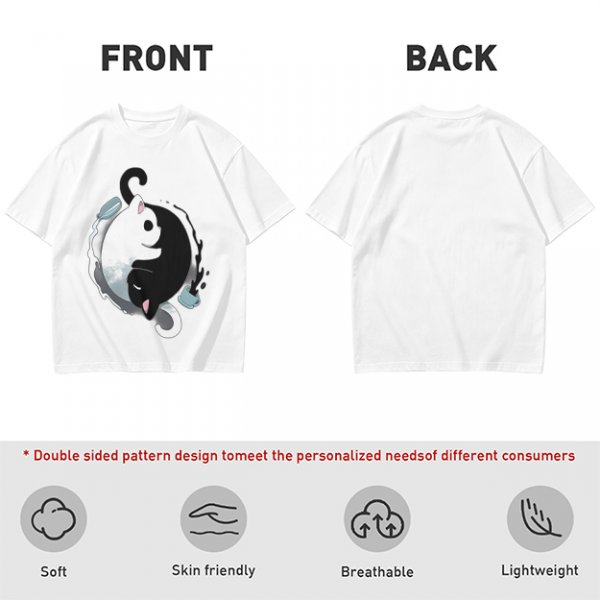 Olive T-Shirt with Yin Yang Cats and Spilled Coffee Cups Print