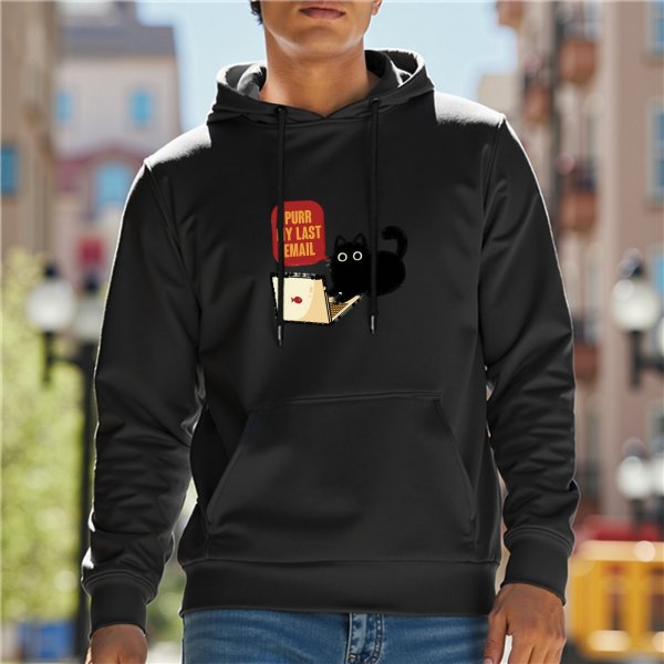 Black cat on laptop hoodie with 'Purr My Last Email' print