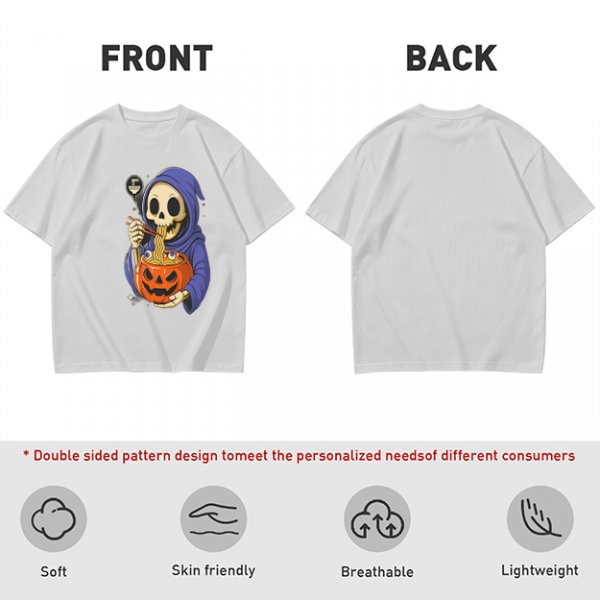 Grim Reaper Eating Ramen from Jack-o'-lantern Pumpkin Bowl T-Shirt