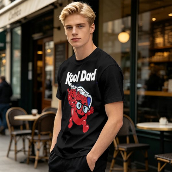 Olive green graphic t-shirt with Kool Dad and Kool-Aid mascot print