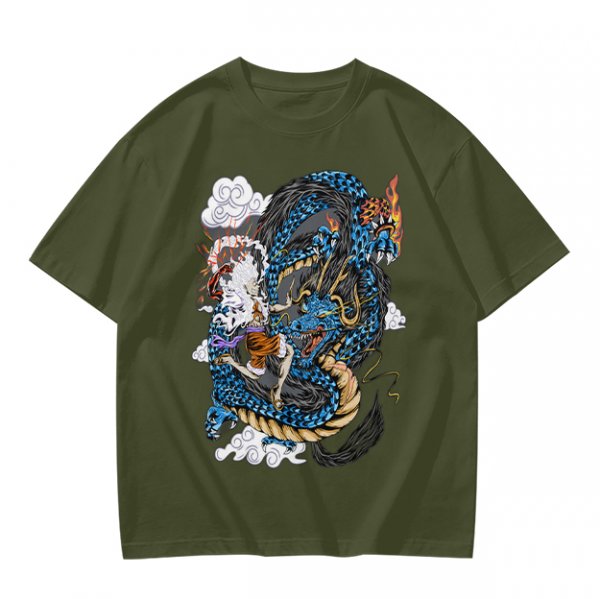 Olive Anime Dragon Graphic Short Sleeve T-Shirt