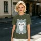 Olive T-shirt with Grumpy Fluffy Gray Cat Graphic Print