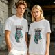 Olive green graphic t-shirt with grumpy cat holding New Year's resolutions