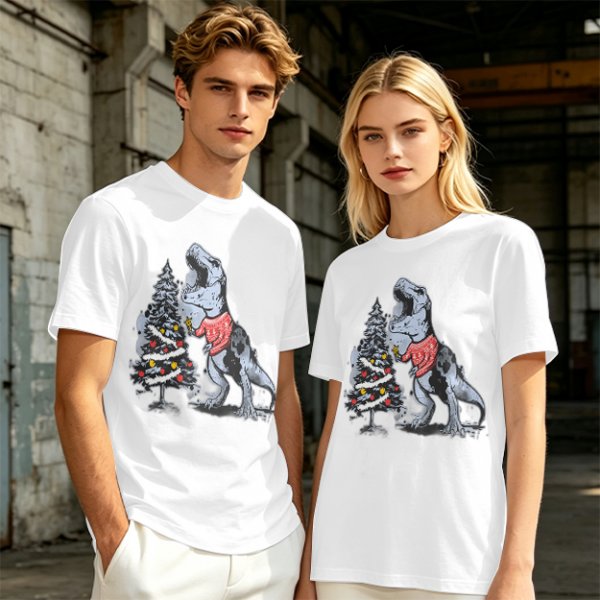 Olive T-shirt with T-Rex in Christmas sweater decorating a tree