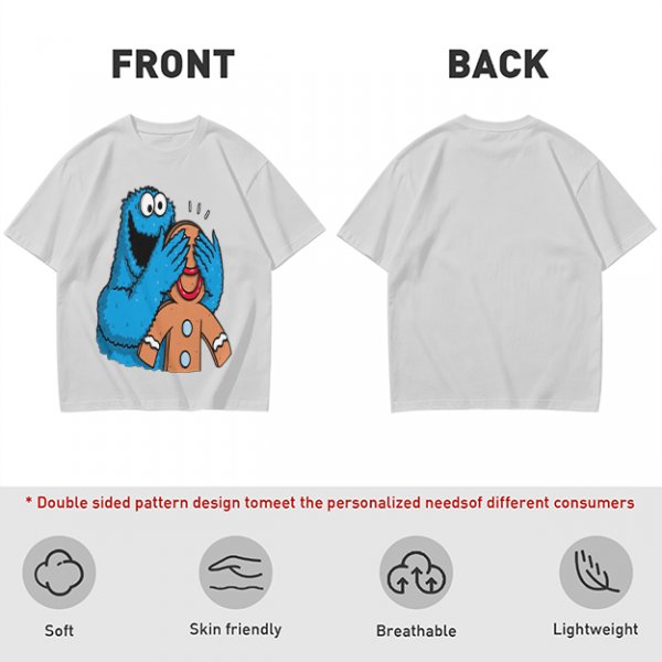 Olive T-shirt with Cookie Monster covering gingerbread man’s eyes