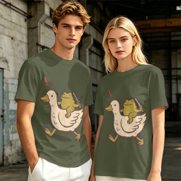 Olive T-Shirt Featuring Frog Riding Duck Holding Knife