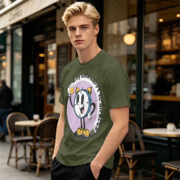 Olive T-Shirt With Cartoon Clock Holding Beer 'Happy Hour' Print
