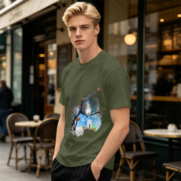 Olive green t-shirt with Totoro tree branch watercolor print
