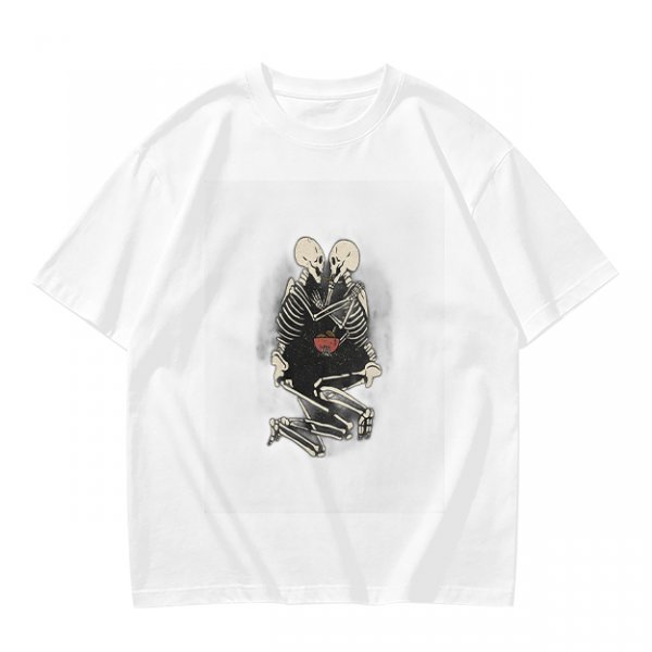 Olive T-Shirt With Skeleton Couple Embracing Red Heart Print