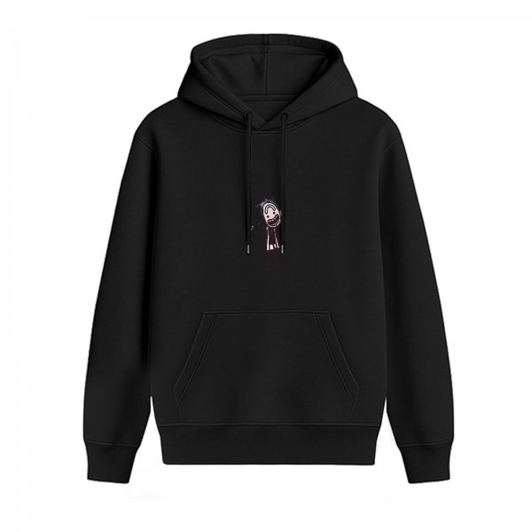 Black hoodie with small cartoon graphic on chest