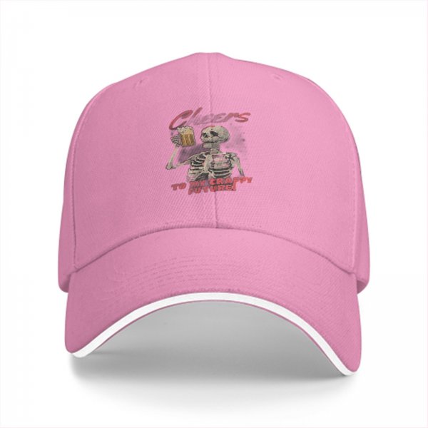 Black baseball cap with skeleton toasting beer and 'Cheers to my crappy future' text