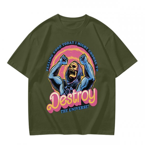 Olive t-shirt with Skeletor 'Feeling Good Today I Might Choose To Destroy The Universe' print
