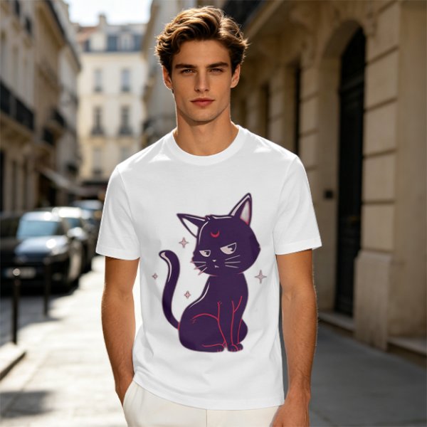 Olive T-Shirt with Sassy Black Cat and Crescent Moon Graphic
