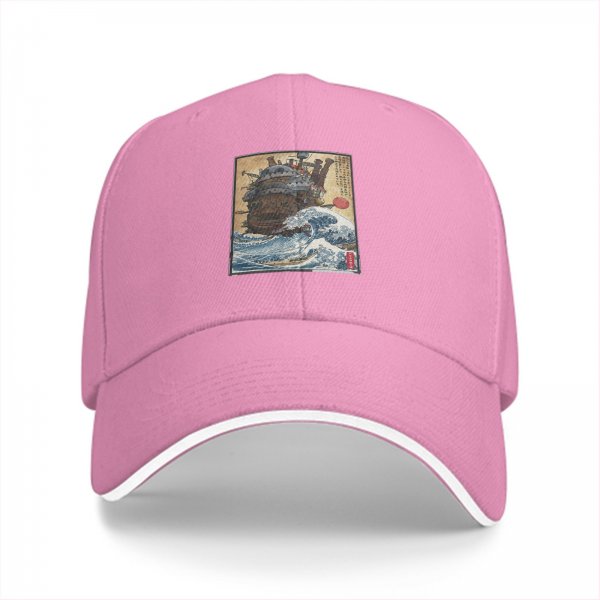 Black Baseball Cap with Japanese Wave and Ship Art Print