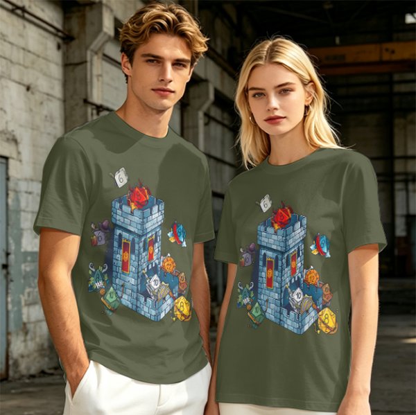 Olive T-Shirt With Fantasy Dice Castle Graphic Design