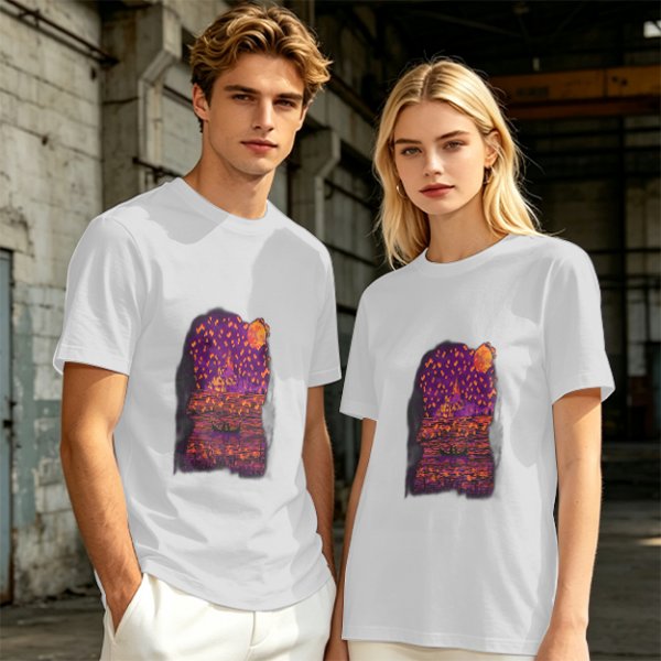 Olive T-Shirt with Purple Sunset Boat Scene Graphic