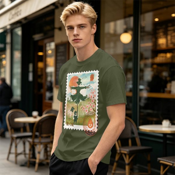 Howl's Moving Castle Stamp Graphic Olive T-Shirt