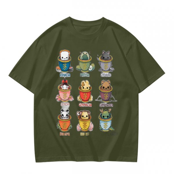 Olive T-Shirt With Cute Animal Teacup Character Print