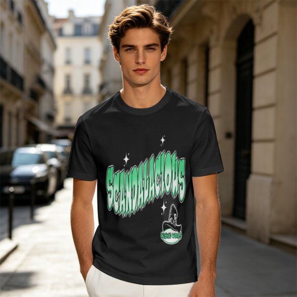 Olive green graphic t-shirt with 'Scandalacious' print and witch hat design