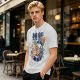 Olive green graphic t-shirt with raccoon eating ramen print
