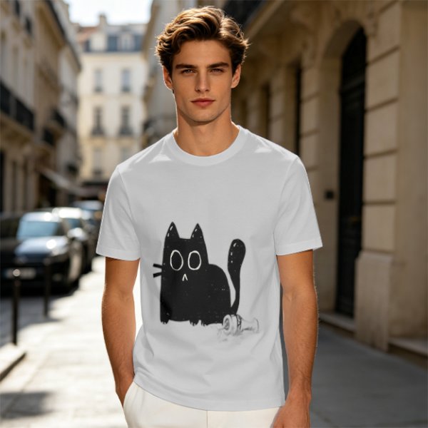 Oversized Army Green T-Shirt With Surprised Black Cat Graphic