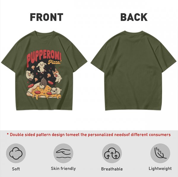 Olive green graphic t-shirt with playful pupperoni pizza dog design
