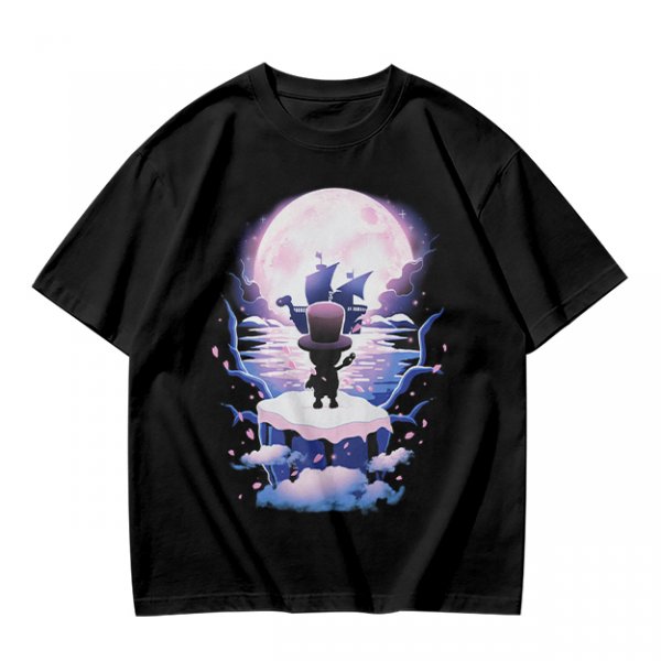 Olive T-Shirt With Moonlit Pirate Ship And Silhouette Figure Print