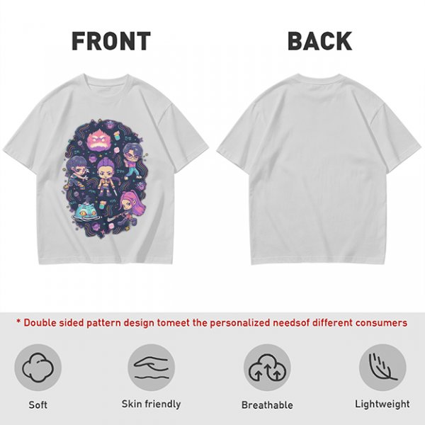 Olive T-shirt with Chibi Fantasy Characters and Whimsical Art Print