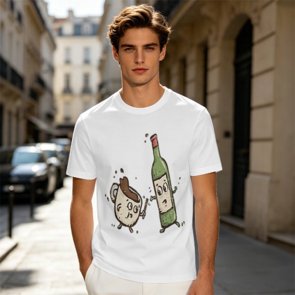Olive T-Shirt With Cartoon Coffee Mug And Wine Bottle Print