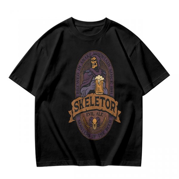 Olive green t-shirt with Skeletor Evil Ale beer graphic