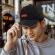 Black Baseball Cap With Red Split Bean Graphic Design