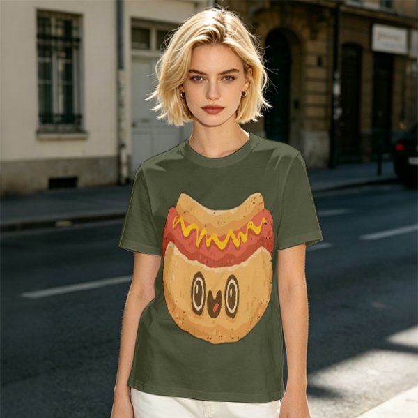 Olive T-Shirt With Cute Cartoon Hot Dog Graphic Print