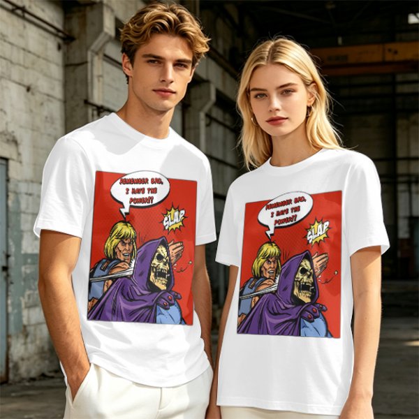 Olive T-shirt with He-Man slapping Skeletor comic print
