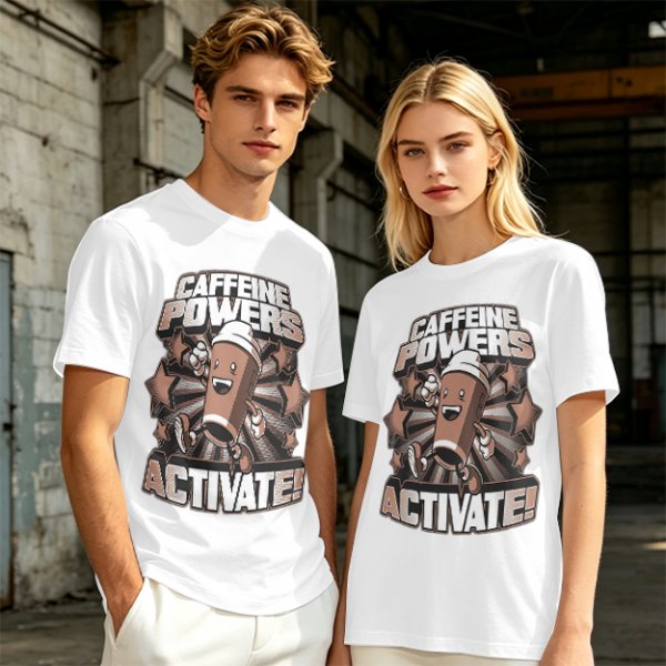 Caffeine Powers Activate! Cartoon Coffee T-Shirt Design