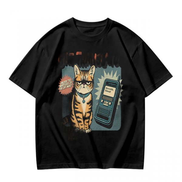 Olive T-Shirt With Grumpy Tabby Cat And Retro Cell Phone Print