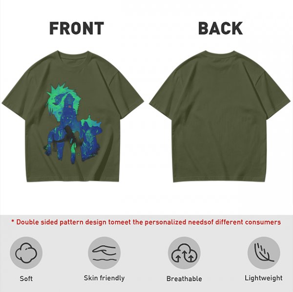 Olive Green Anime Graphic T-Shirt with Spiky Character Art