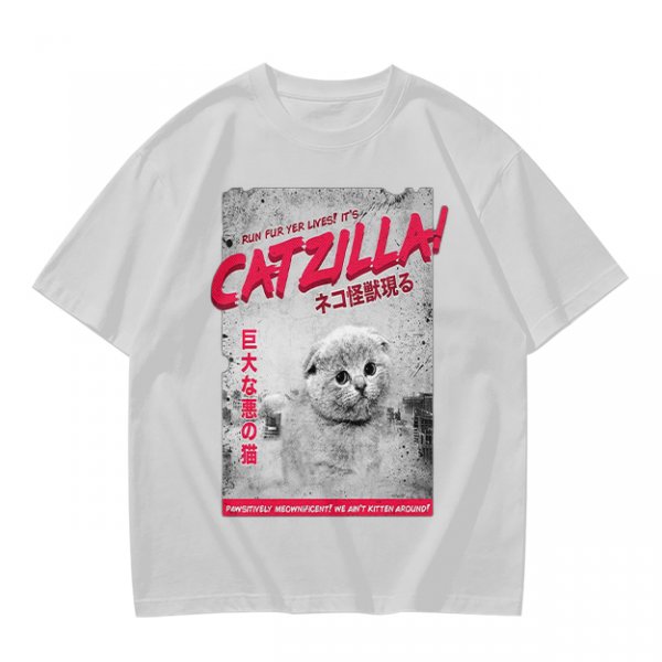 Olive green t-shirt with Catzilla giant cat monster graphic print