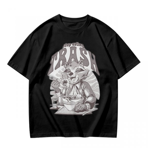 Olive graphic t-shirt with raccoon eating and 'Stop eating TRASH' print