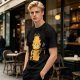 Olive T-Shirt With Grumpy Orange Cat Holding Hot Coffee Print
