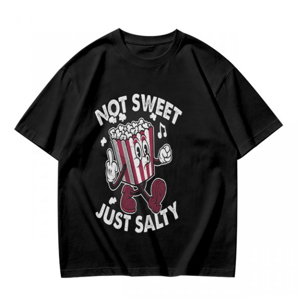 Olive T-Shirt with 'Not Sweet Just Salty' Cartoon Popcorn Print