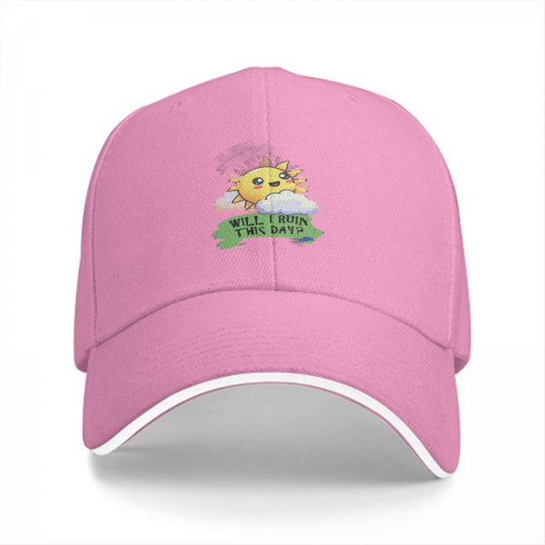 Black baseball cap with cute sun graphic and 'Will I Ruin This Day?' text
