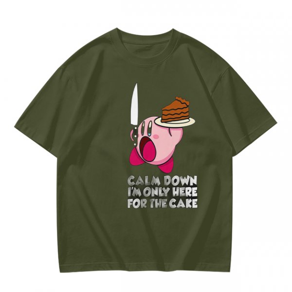 Olive t-shirt with Kirby holding knife and cake, text Calm Down I'm Only Here For The Cake