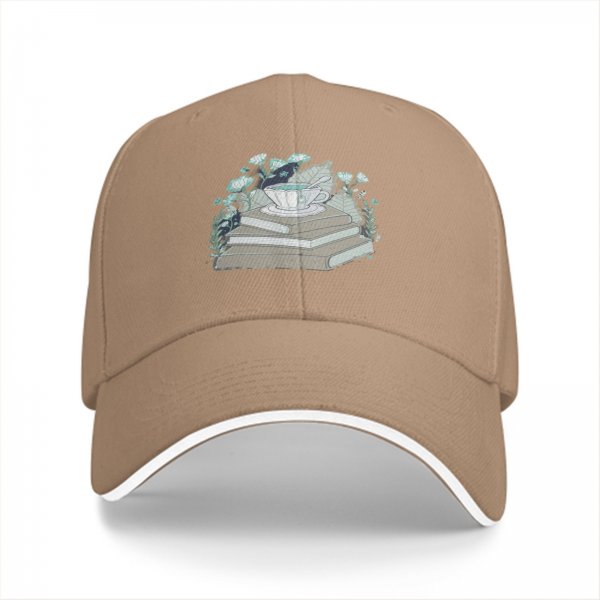 Black baseball cap with teacup on books and botanical print
