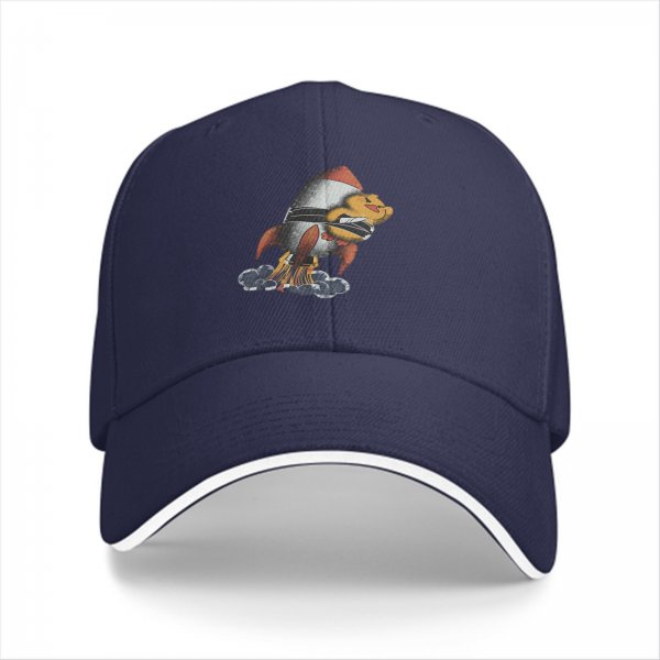 Black baseball cap with cartoon duck riding a rocket launch design