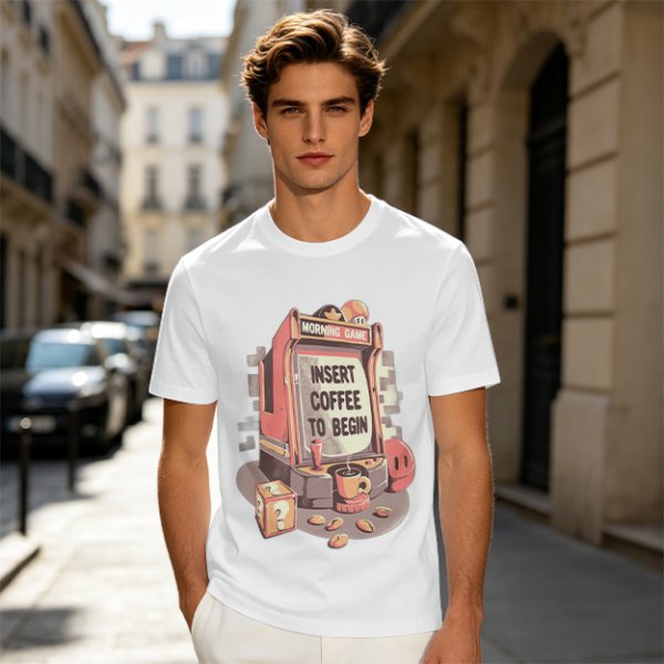 Gaming Themed T-Shirt With 'Insert Coffee To Begin' Print