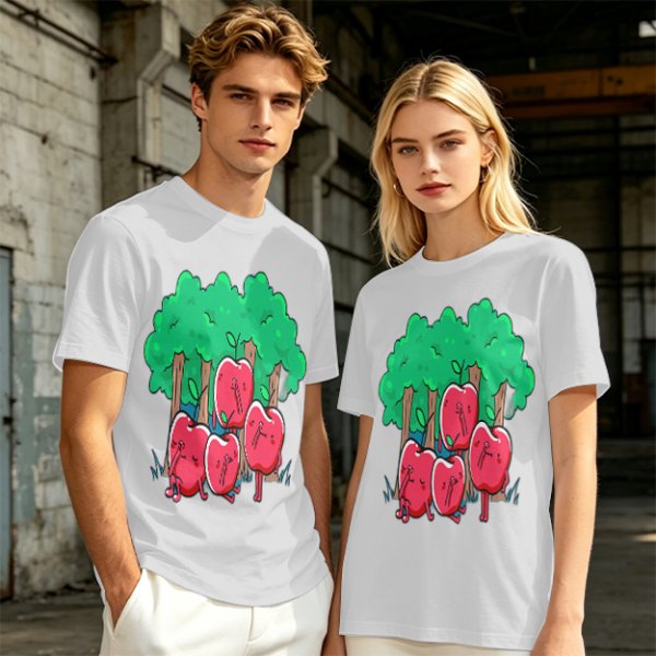Olive T-Shirt With Cartoon Anthropomorphic Apples In Forest Print