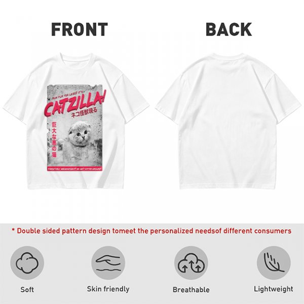 Olive green t-shirt with Catzilla giant cat monster graphic print