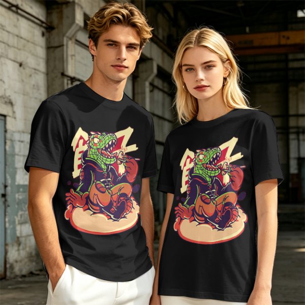 Olive T-Shirt with Cartoon Crocodile Eating Snack Graphic