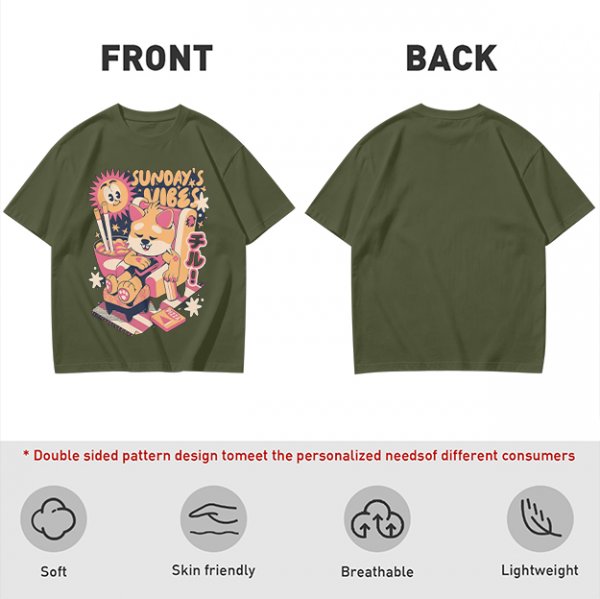 Olive t-shirt with Sunday's Vibes Shiba Inu relaxing graphic