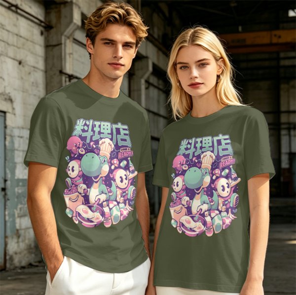 Olive t-shirt with dinosaur chef and cute character cooking graphic